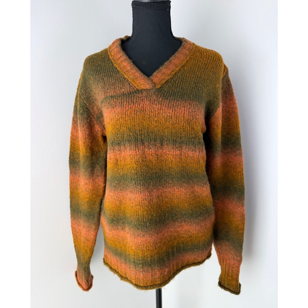 Natural Reflections Space Dye Ombre Striped V-Neck Sweater Earth Tones Fall M